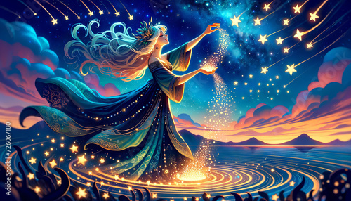 Fotografia, Obraz A whimsical, animated-style illustration of Demeter under a star-filled sky, sowing stars as seeds