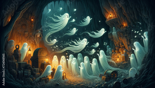 A detailed, whimsical, animated art style depiction of The Whispering Ghosts, in 16_9 ratio.
