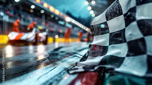 The checkered flag waves triumphantly against a backdrop of blurred pit crew members working frantically to prepare a car for its next stint on the track. photo