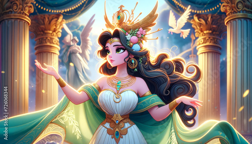 A whimsical, animated art style depiction of Hera, the Queen of the Gods in Greek mythology.