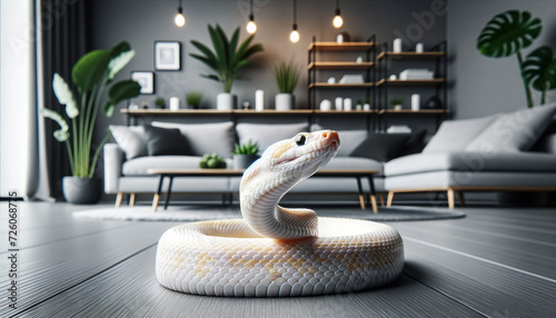 Albino corn snake in a modern, sleek, and minimalist apartment setting, with good focus, good lighting, and no noise, in a 16_9 ratio. photo