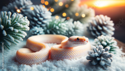 Albino corn snake in a snowy scene, contrasting the warm and cold elements, with good focus, good lighting, and no noise, in a 16_9 ratio.
