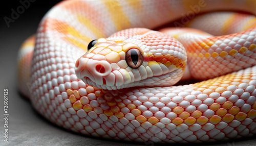 Image of an albino corn snake with a focus on its eyes, showing detail, with good focus, good lighting, and no noise, in a 16_9 ratio.