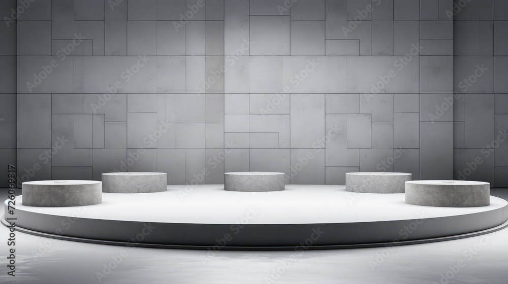 A row of plain gray, rounded podiums with a mosaic tile background. Platform or pedestal for displaying cosmetics A row of plain gray, rounded podiums with a mosaic tile background. Platform or pedestal for displaying cosmetics