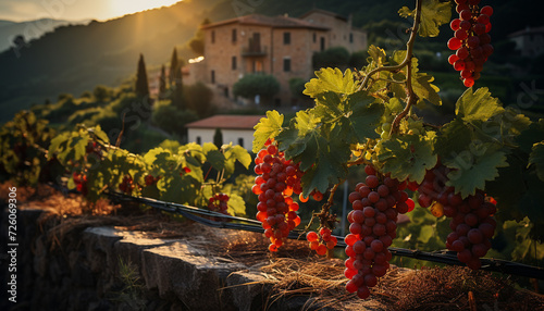 Ripe grape bunches in vineyard, a picturesque autumn landscape generated by AI