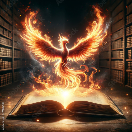 An open book with a phoenix rising from the pages in a flurry of flames and embers.