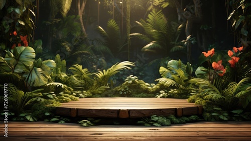 a wooden stage for product presentations amid a tropical forest.3D modeling