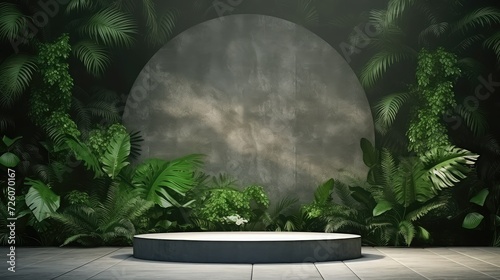 Concrete Podium With Green Wall In Tropical Forest For Product Presentation. 3D Illustration