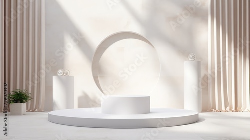 For the presentation of cosmetic products  a white contemporary stage with two mock-up cylinder podiums  a little tile wall