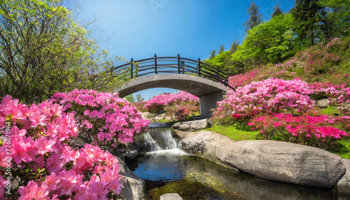 Beautiful serene flower garden with blooming pink azaleas and concrete bridge over stream  summer time with clear blue sky