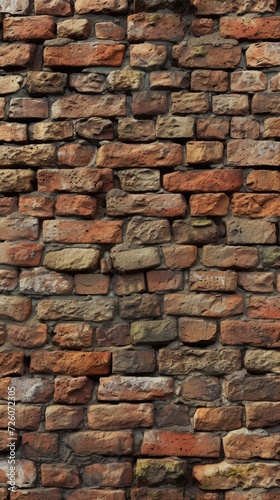 Time-Worn Elegance: A Vertical Tapestry of Aged Brick Wall Textures Aged brick wall texture, weathered bricks, varying colors, rustic charm, uneven surfaces, mortar erosion, architectural backdrop