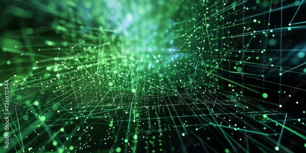 Abstract digital matrix, with a network of green lines and dots against a black background