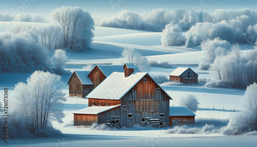 Rustic barns in a snowy field, with the main part of the image being a plain color suitable for a background. photo