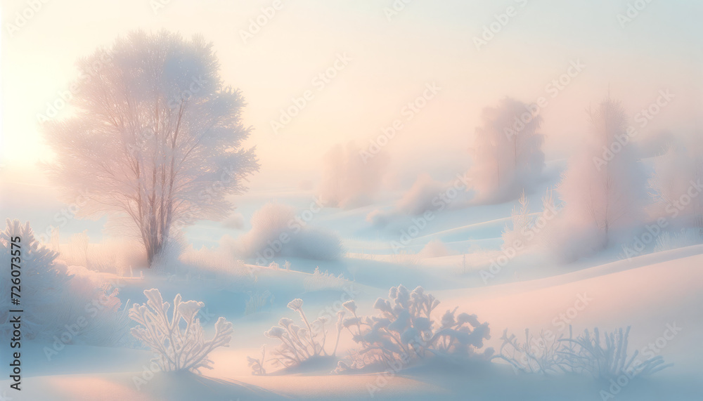 Soft, pastel winter morning landscapes, where the main part of the image is a plain color suitable for a background. - obrazy, fototapety, plakaty 