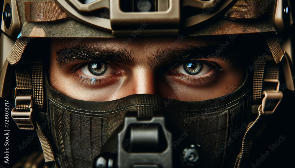 Close-up of a soldier's eyes reflecting the resolve and intensity of the mission. - obrazy, fototapety, plakaty 