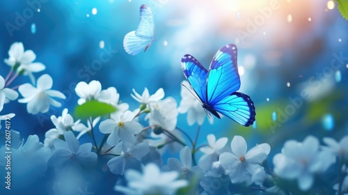Beautiful spring background with blue butterfly in flight and flowers anemones in forest on nature. Delicate elegant dreamy airy artistic image harmony of nature.