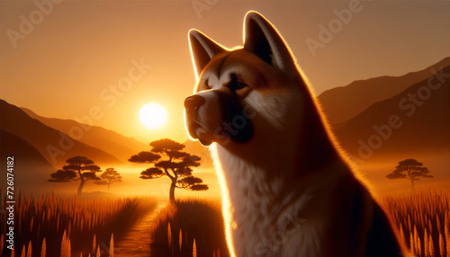 A photo-realistic image of an Akita at sunset or sunrise, bathed in the warm glow of the sun.
