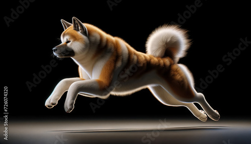 A photo-realistic image of an Akita running or jumping, showing its athleticism.