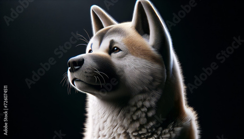 A photo-realistic image of an Akita with a reflective or contemplative pose  possibly looking off into the distance.