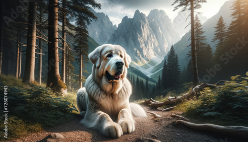 A photo-realistic image of an Akbash dog during a hike in a mountainous or forested area, focusing on the dog. photo