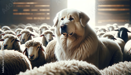 A photo-realistic image of an Akbash dog guarding sheep, focusing on the dog.