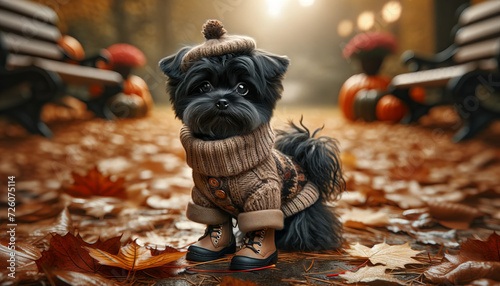 A high-resolution, photorealistic image of an Affenpinscher dog dressed in a small sweater or coat, set in an autumn or winter environment.