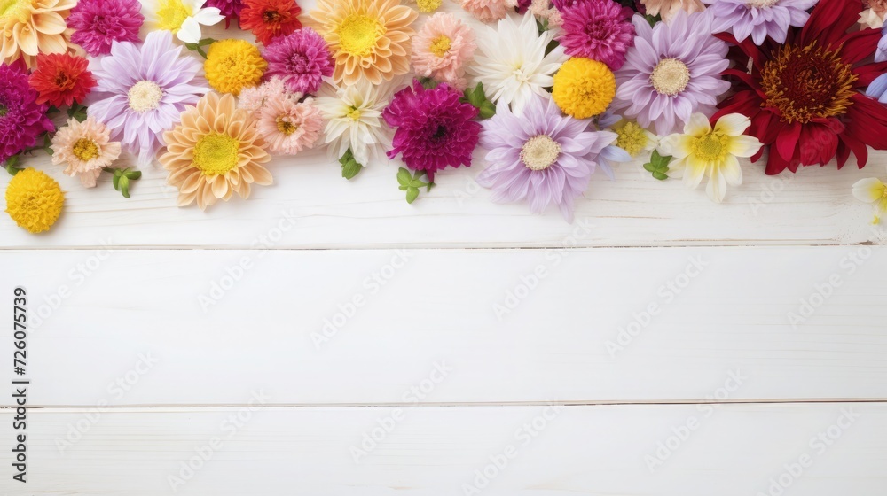 Flowers frame on white wooden background. Top view with copy space Flowers frame on white wooden background. Top view with copy space