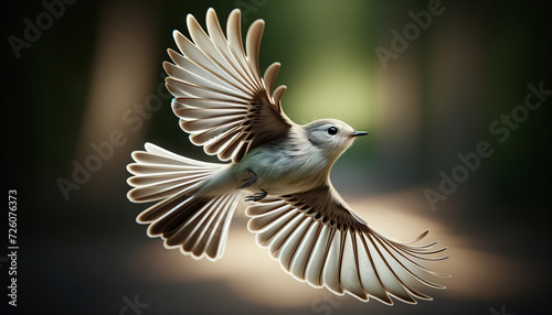 A photorealistic image of an Acadian Flycatcher in flight, wings spread wide.