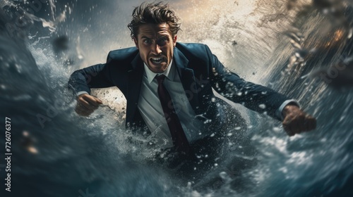 A man in a business suit is fighting a mighty whirlpool.