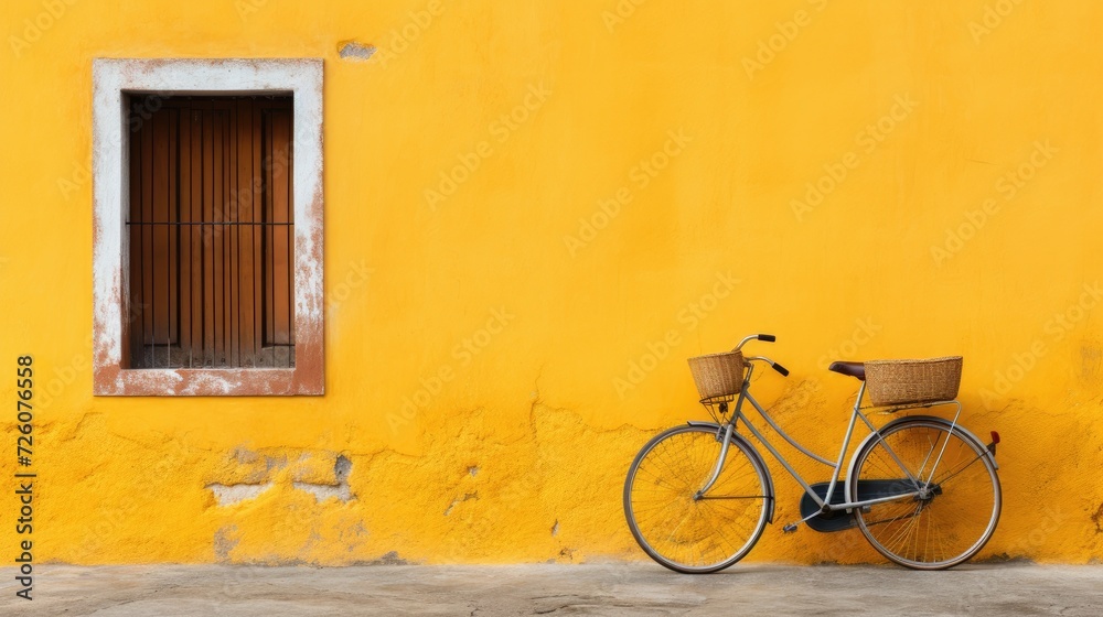 A bicycle with two baskets near the white wall of the house.