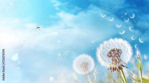 Natural pastel background. Morpho butterfly and dandelion. Seeds of a dandelion flower on a background of blue sky with clouds. Copy spaces