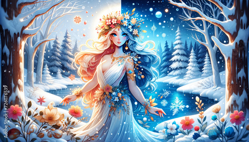 Aphrodite in a snowy winter scene, contrasting warmth and cold, in a whimsical, animated art style.