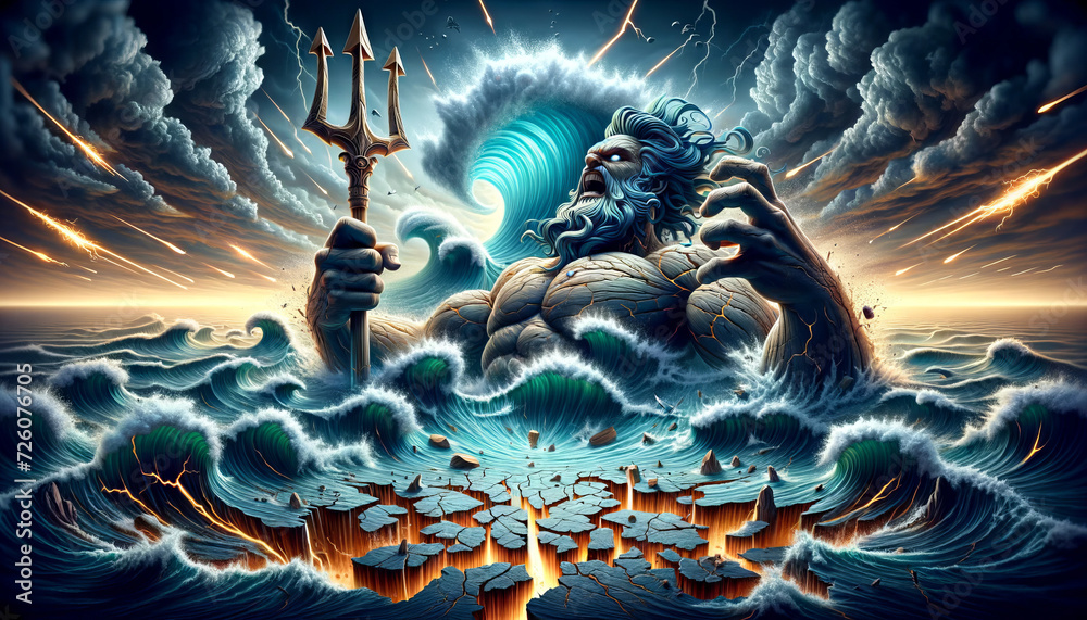 A powerful and detailed whimsical animated art style image depicting Poseidon's rage, causing earthquakes and tsunamis. - obrazy, fototapety, plakaty 