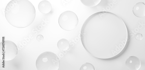 白背景に透明な球体のガラスと円形の台座。コピースペース。俯瞰。3D（横長）