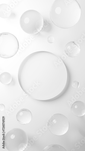 白背景に透明な球体のガラスと円形の台座。俯瞰。3D（縦長） © nanako