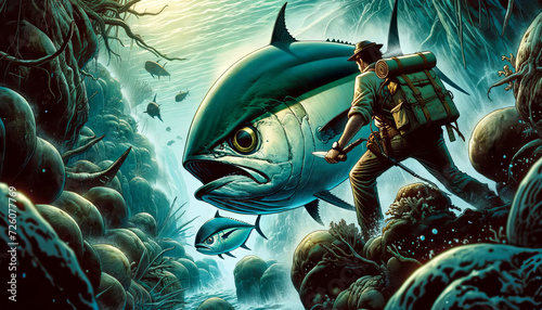 A graphic novel-style illustration of an Albacore tuna adventure story. photo