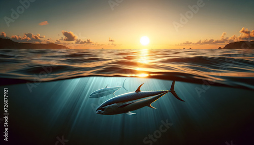 A serene landscape with Albacore tuna swimming near the ocean surface at sunset.