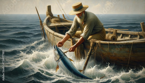 A traditional oil painting of an old fisherman catching Albacore tuna. photo