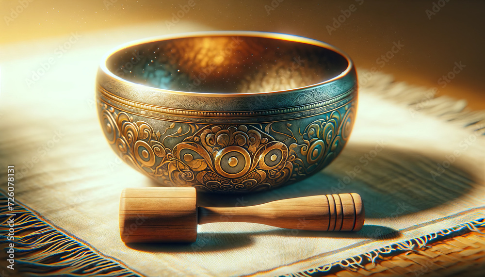 Φωτογραφία A whimsical, animated art style depiction of a close-up of a Tibetan singing bowl with a wooden striker