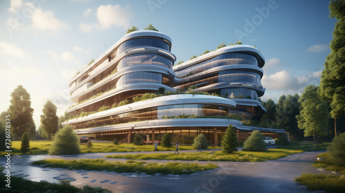 Modern eco friendly office building with green plants, office building exterior architecture design concept