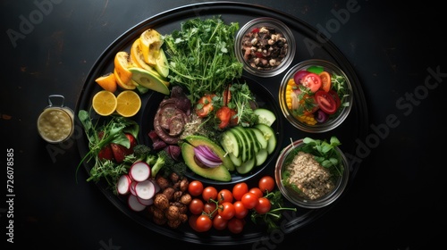 Food and vegetables on kitchen table, flat lay view of cooking preparation healthy food.