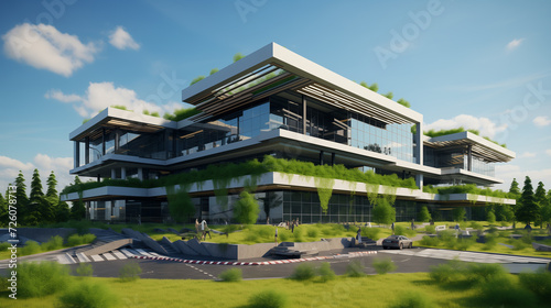 Modern eco friendly office building with green plants, office building exterior architecture design concept