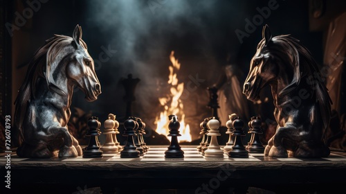 Illustration of a chess game with horses facing each other with dark background. photo