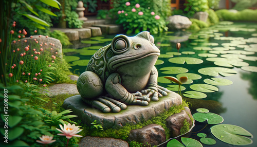 A whimsical, animated art style image in a 16_9 ratio, featuring a close-up of a stone frog statue by a pond, symbolizing luck. © FantasyLand86
