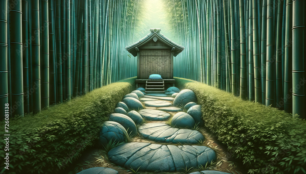 A whimsical, animated art style image in a 16_9 ratio, featuring a stone pathway leading to a secluded meditation nook in a bamboo grove. - obrazy, fototapety, plakaty 