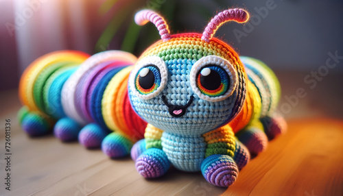 A whimsical and animated crocheted caterpillar with rainbow segments, displayed in a close or medium shot.