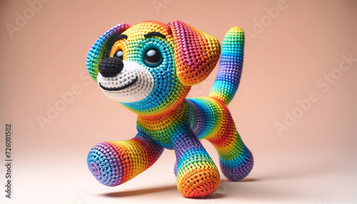 A whimsical and animated crocheted dog with a detailed, vibrant rainbow pattern. © FantasyLand86