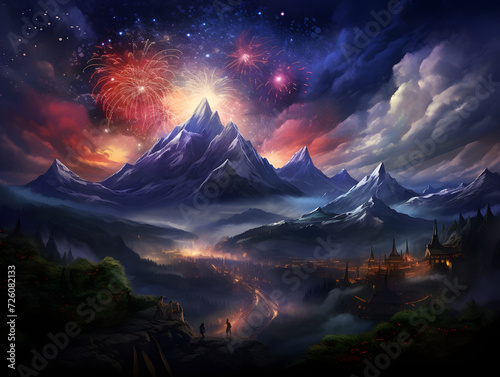 Fireworks Symphony Over a Mountain Range photo