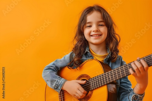 Evoke the spirit of music education with a delightful image of a child happily strumming a guitar against a flat orange backdrop. Ideal for advertising children's music programs.