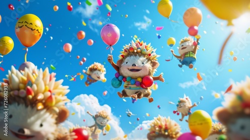A playful parade of hedgehogs floating in the sky with their balloon hats and props ready to entertain the audience below in this lively cartoon scene.